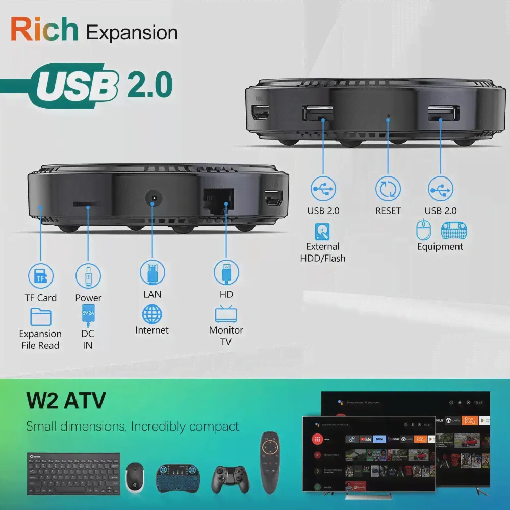 ТВ-приставка W2 ATV Android 11 Amlogic S905W2 поддержка 4K AV1 2,4 и 5G Wifi BT с пультом дистанционного управления Google Voice 2G16G 4G32G 64G Smart TV Box (art.: 3920c2309f96c)-0